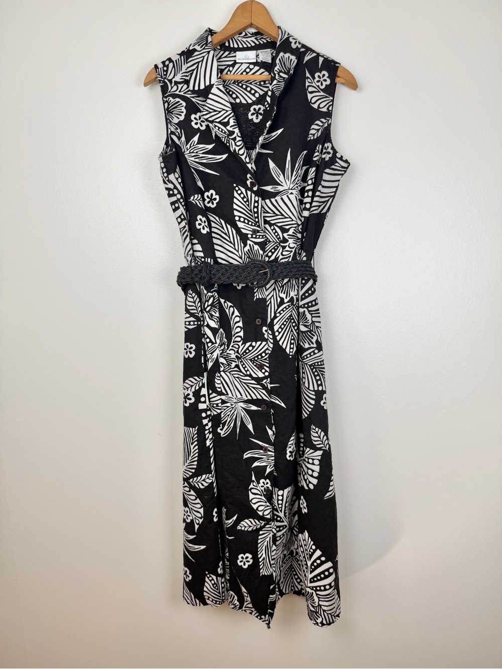Vintage Jaclyn Smith Linen Shirt Dress Black Tropical Belted Midi Large 90s